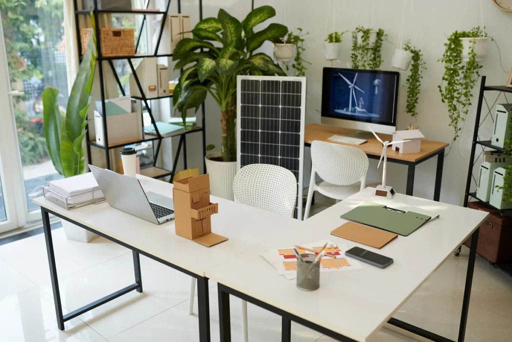 An office with plants and environmentally friendly technologies on display